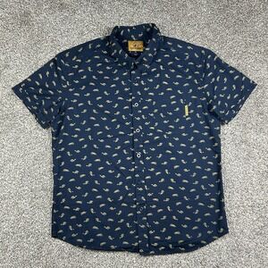 Mythical Horse Print Button Down Short Sleeve Shirt Men XL Navy Brown Pony Rodeo